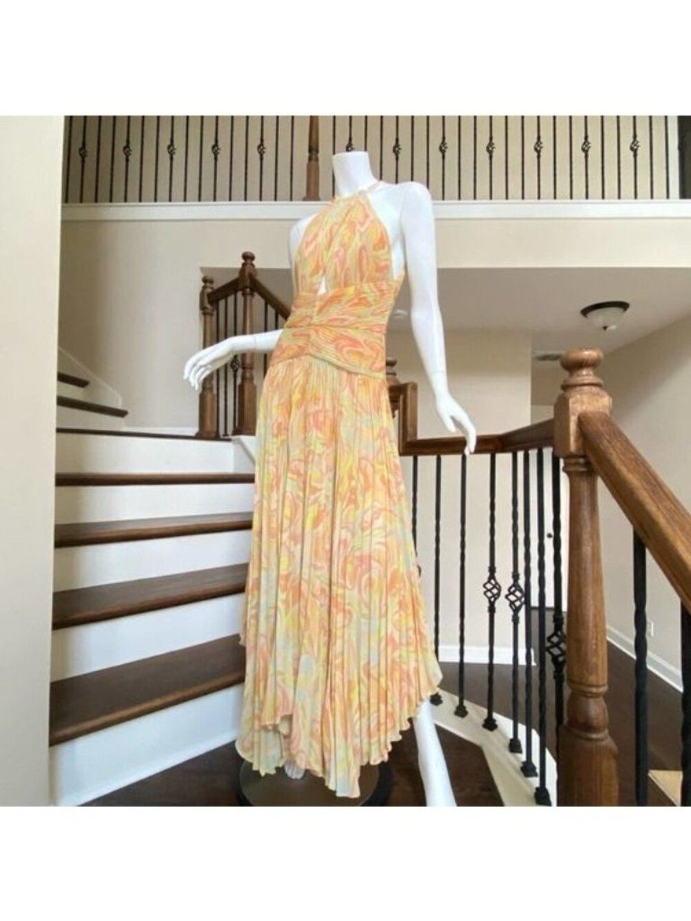 NWT AIIFOS Grace Pleated Halter Chiffon Gown in Peach and Yellow size 6 - Picture 3 of 12